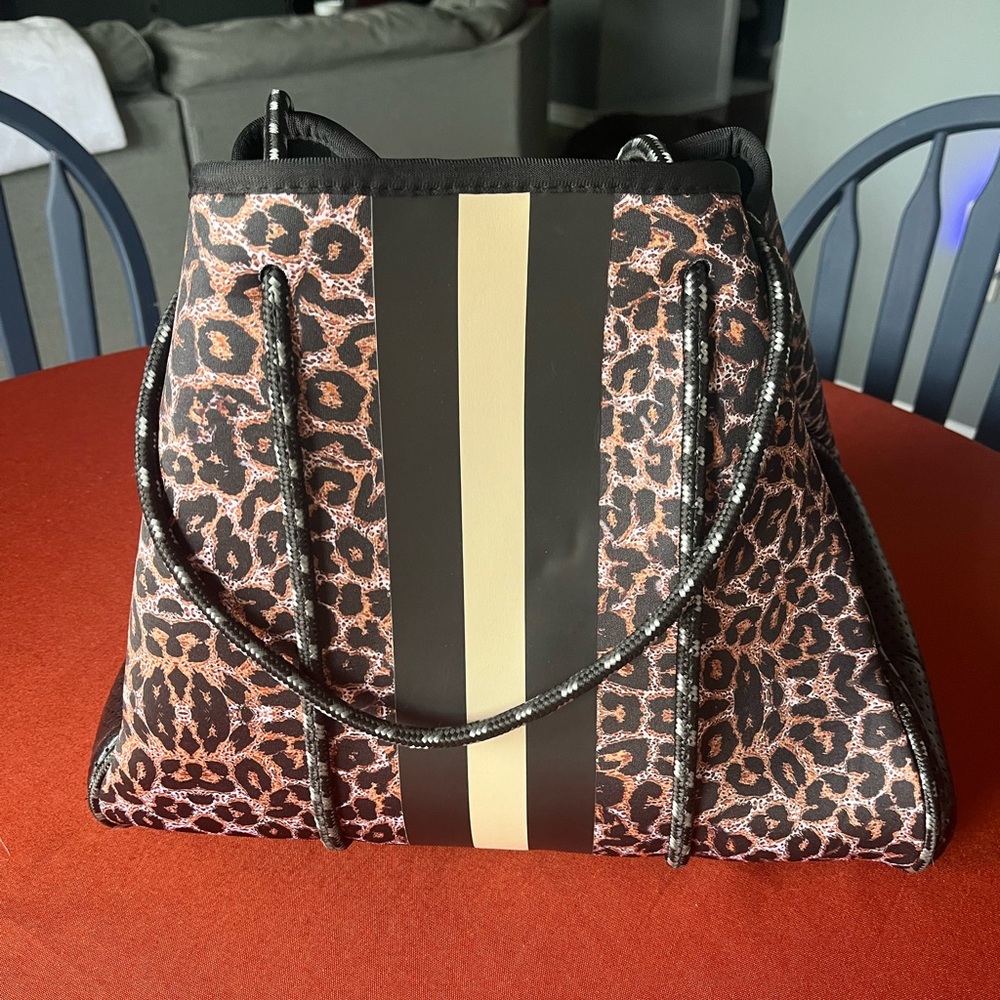 Leopard Print Tote with Black and Tan Stripes